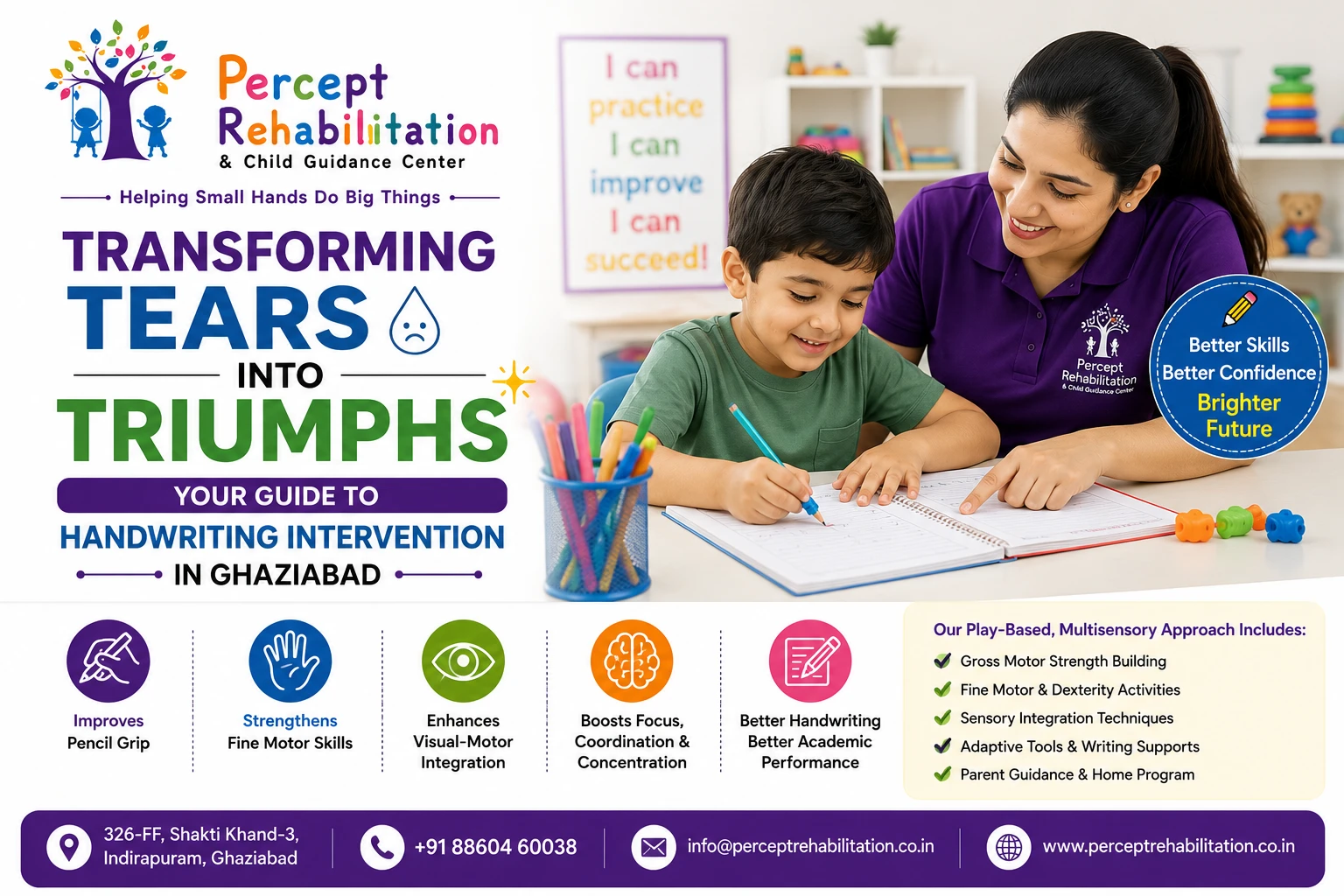 Occupational therapist helping a child improve handwriting and pencil grip at Percept Rehabilitation Ghaziabad