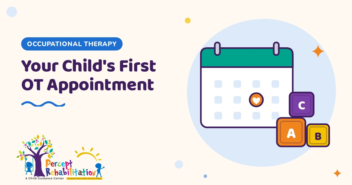 Illustration of a calendar with a marked appointment day and alphabet blocks for a child's first OT appointment