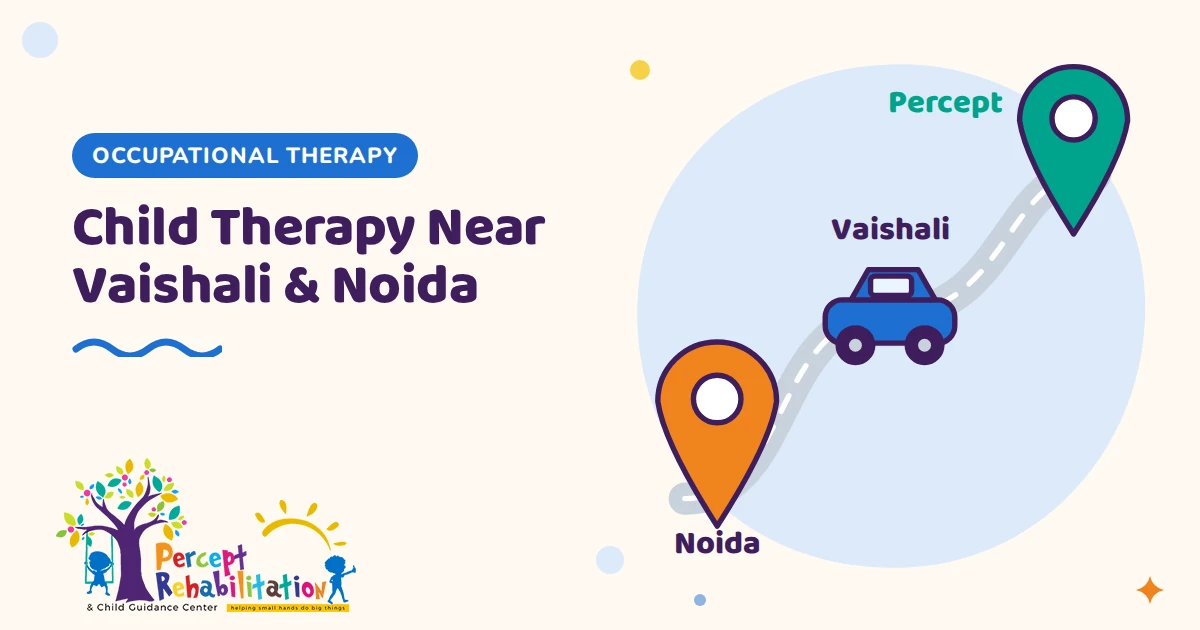 Illustrated map with route from Noida and Vaishali to Percept Rehabilitation Center in Indirapuram