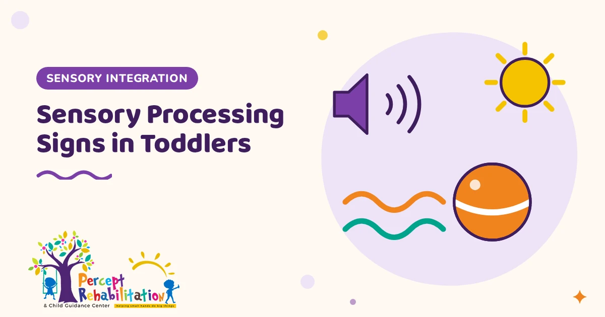 Illustration of a speaker, bright sun and textured ball representing sensory processing signs in toddlers